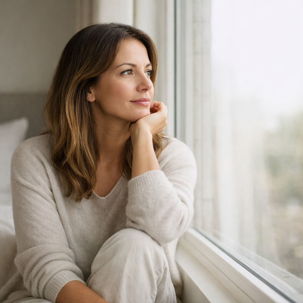Thoughtful woman in her late 30s sitting by a window with soft natural light, representing reflection and patience while trying to get pregnant after 35.